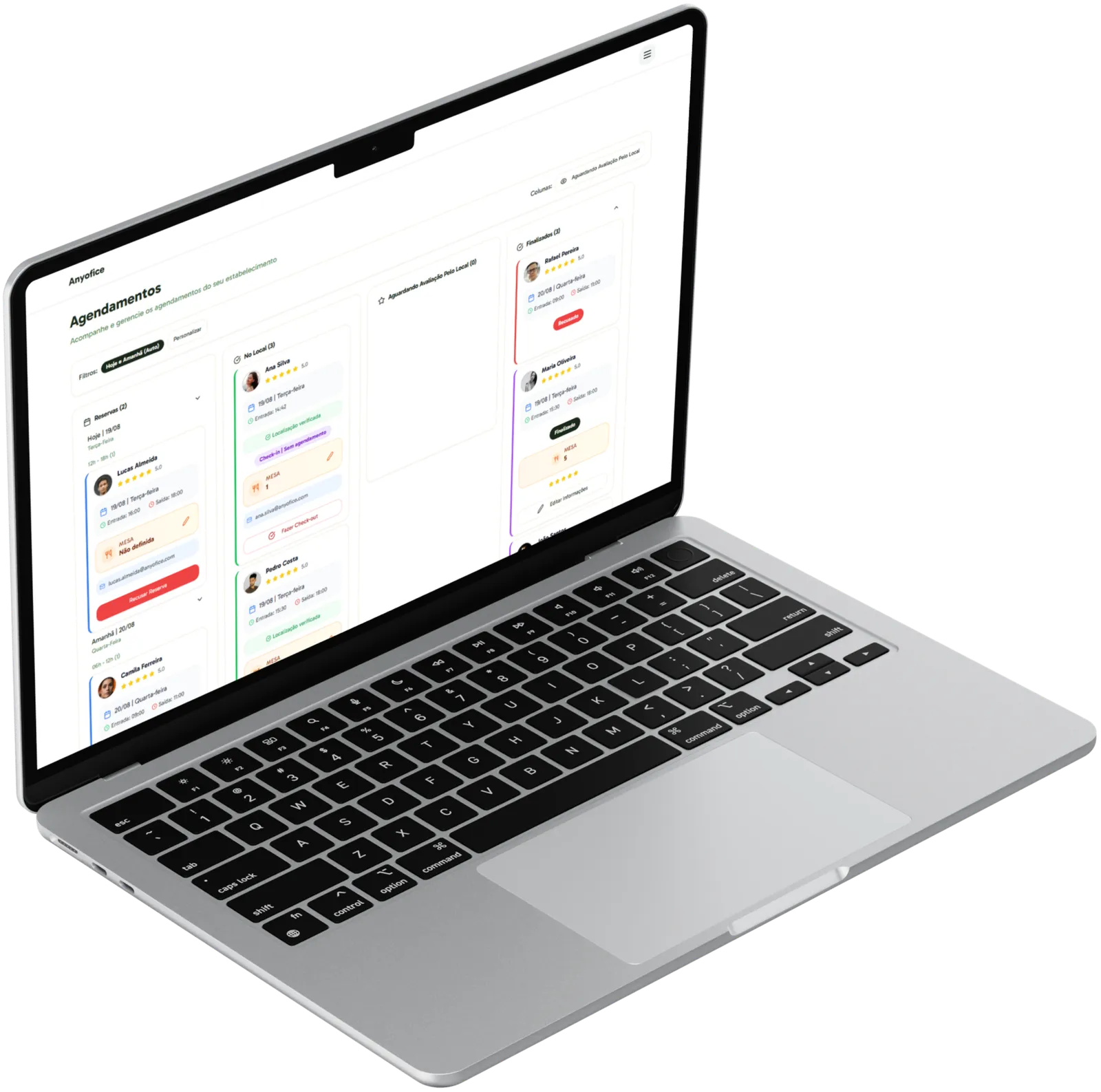 Dashboard da Anyofice com Kanban de check-ins